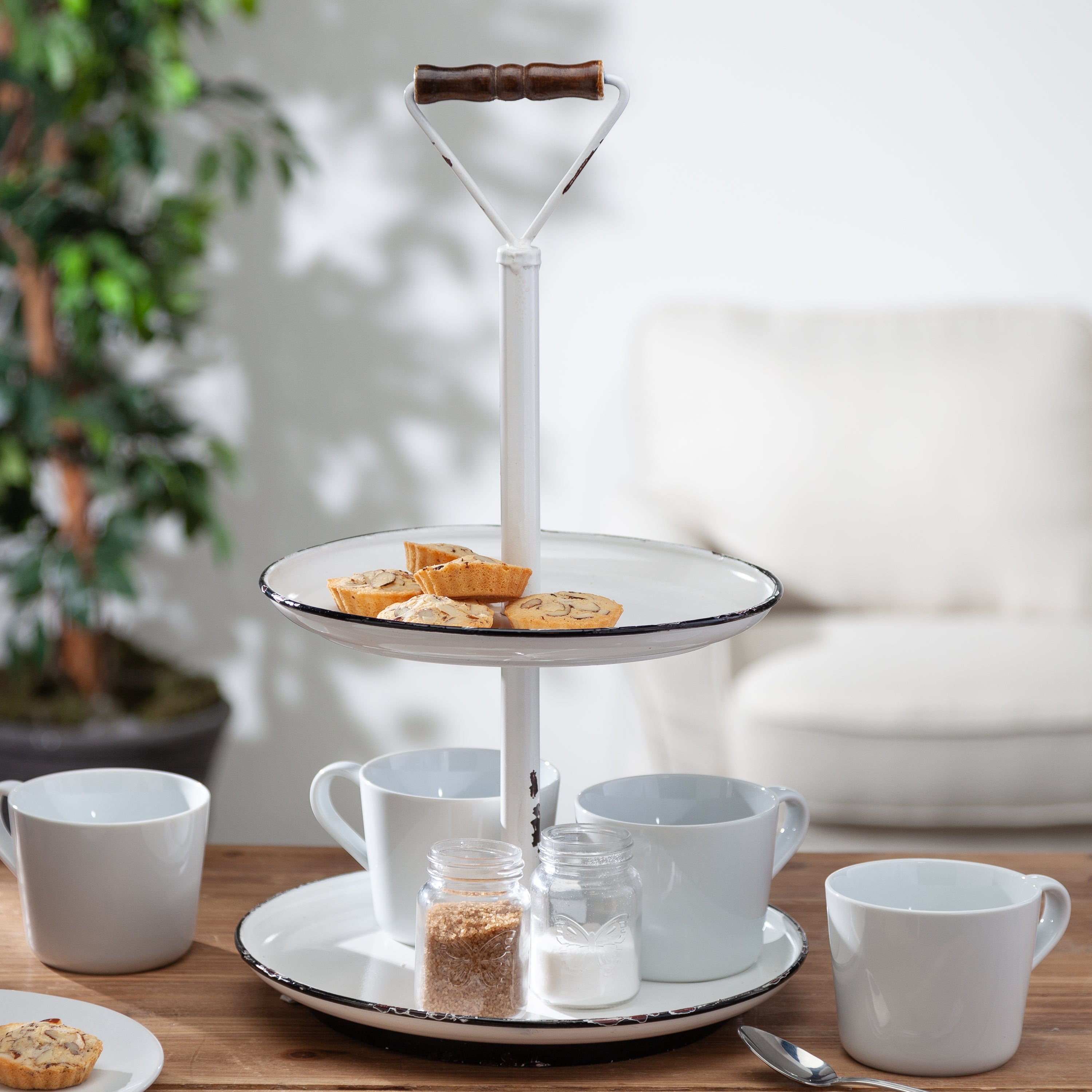 22.4 Inch Rustic Metal Two Tiered Serving Tray with Handle